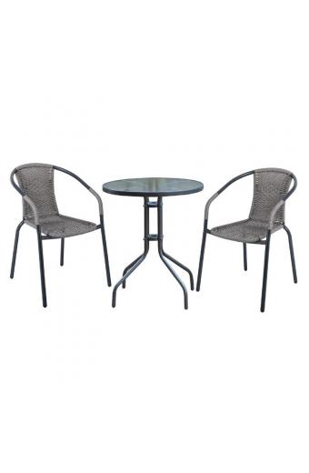 BALENO Set Κήπου - Βεράντας: Τραπέζι + 2 Πολυθρόνες Μέταλλο Ανθρακί - Wicker Mixed Grey