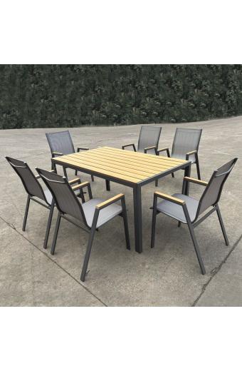 VIRNA Set Τραπεζαρία: Τραπέζι + 6 Πολυθρόνες, Μέταλλο Βαφή Ανθρακί, Polywood Φυσικό