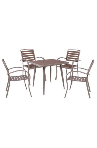 SERRANO Set Κήπου: Τραπέζι + 4 Πολυθρόνες, Μέταλλο Βαφή Sand Beige, Polywood Καρυδί