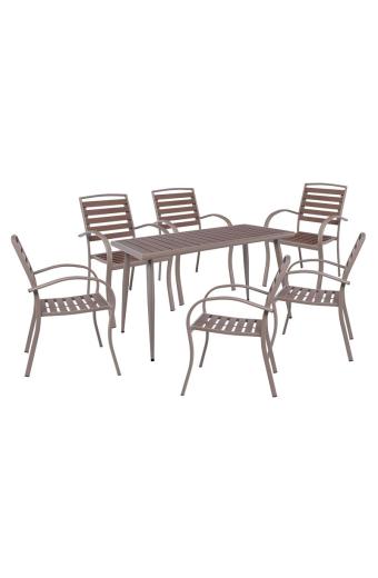 SERRANO Set Κήπου: Τραπέζι + 6 Πολυθρόνες, Μέταλλο Βαφή Sand Beige, Polywood Καρυδί
